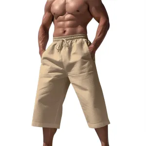Fxbar Men's Athletic Running Shorts Linen Yoga Beach Long Shorts 3/4 Below Knee Length Running Lounge Capri Pants