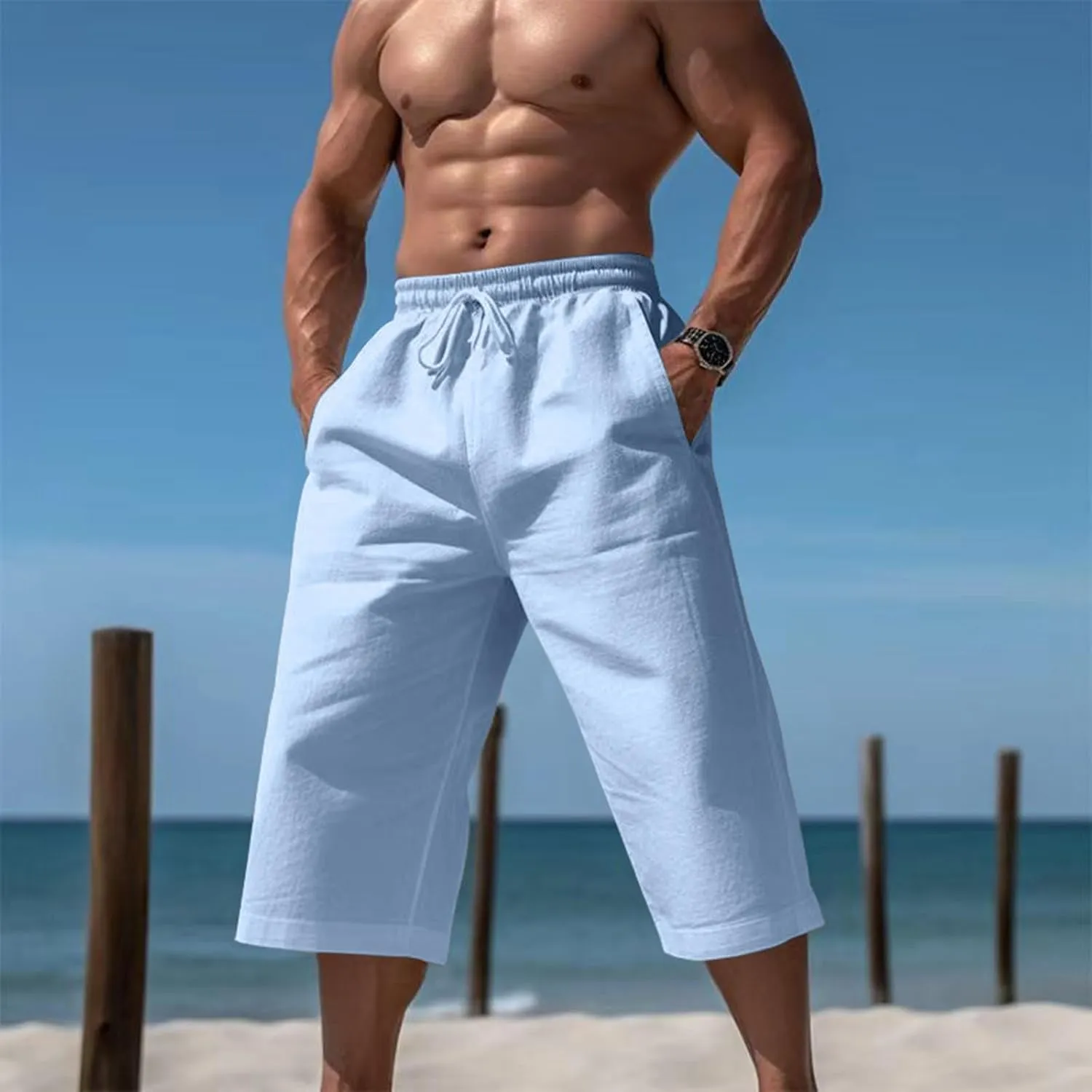 Fxbar Men's Athletic Running Shorts Linen Yoga Beach Long Shorts 3/4 Below Knee Length Running Lounge Capri Pants