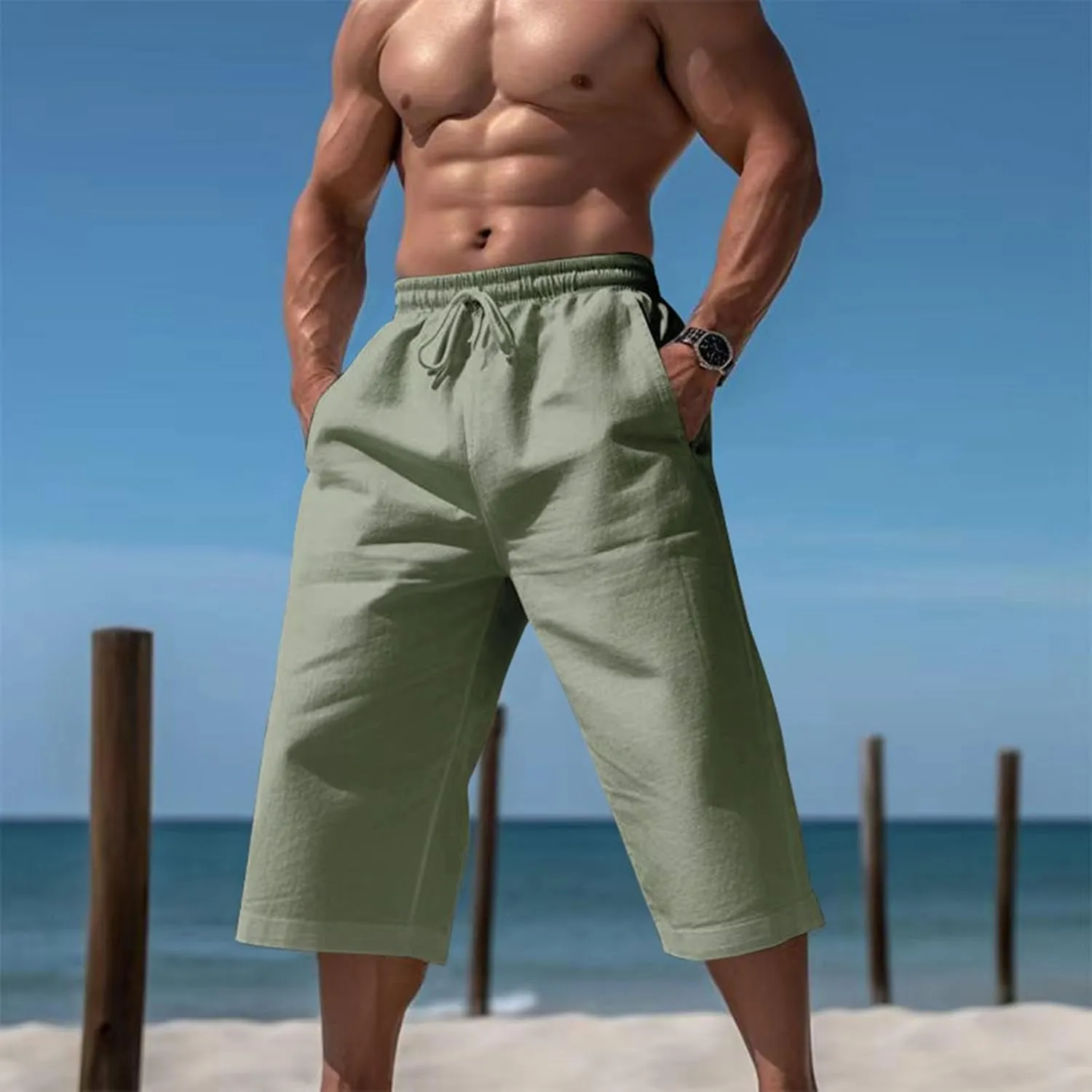 Fxbar Men's Athletic Running Shorts Linen Yoga Beach Long Shorts 3/4 Below Knee Length Running Lounge Capri Pants