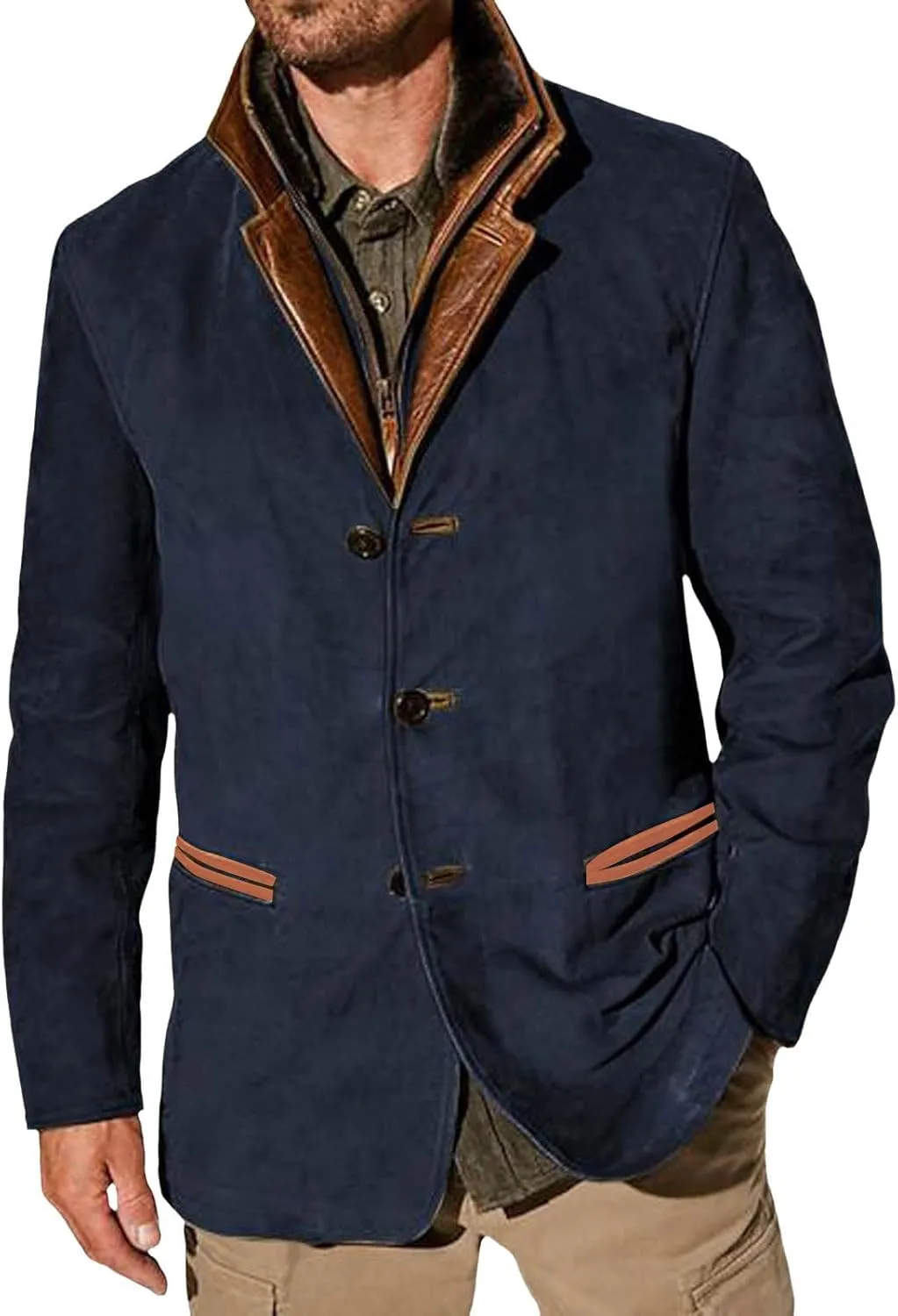 Fxbar Men's Casual Trucker Jacket Vintage Highweight Jacket Coat with Pocket Windproof Button Down Jacket Thickened Coat
