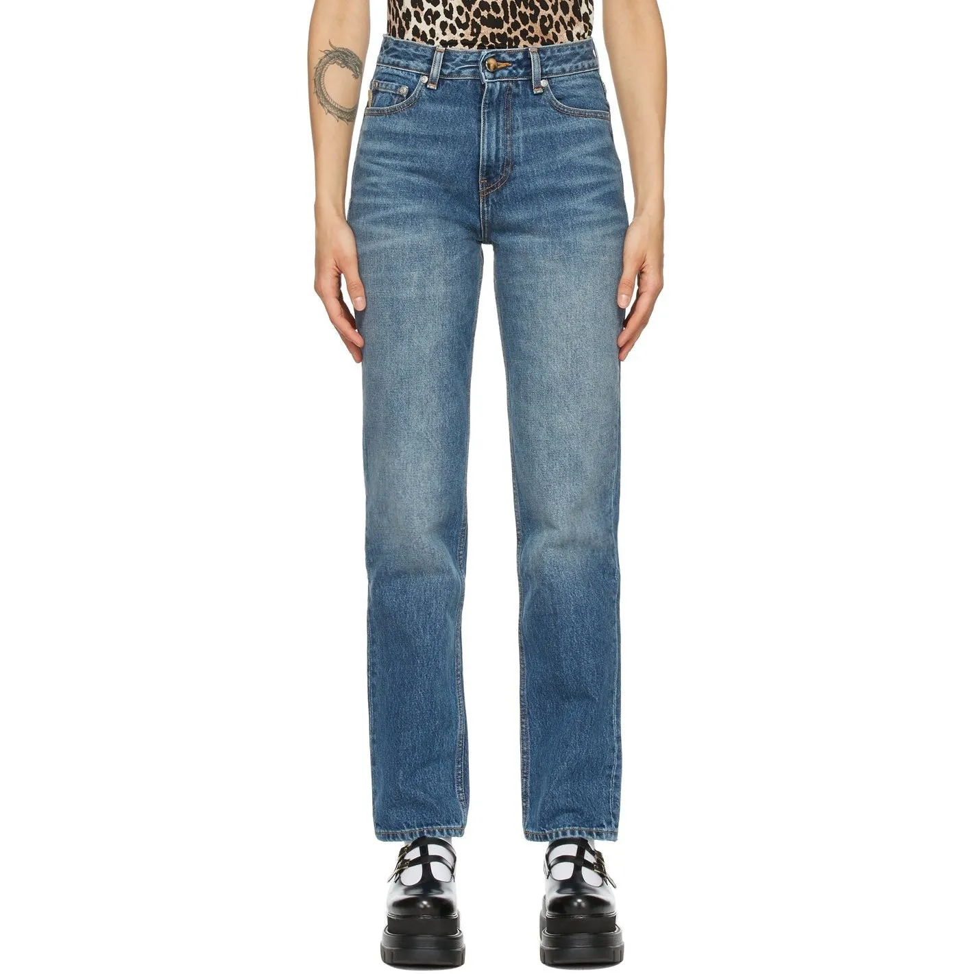 GANNI Blue High-Waisted Straight Jeans