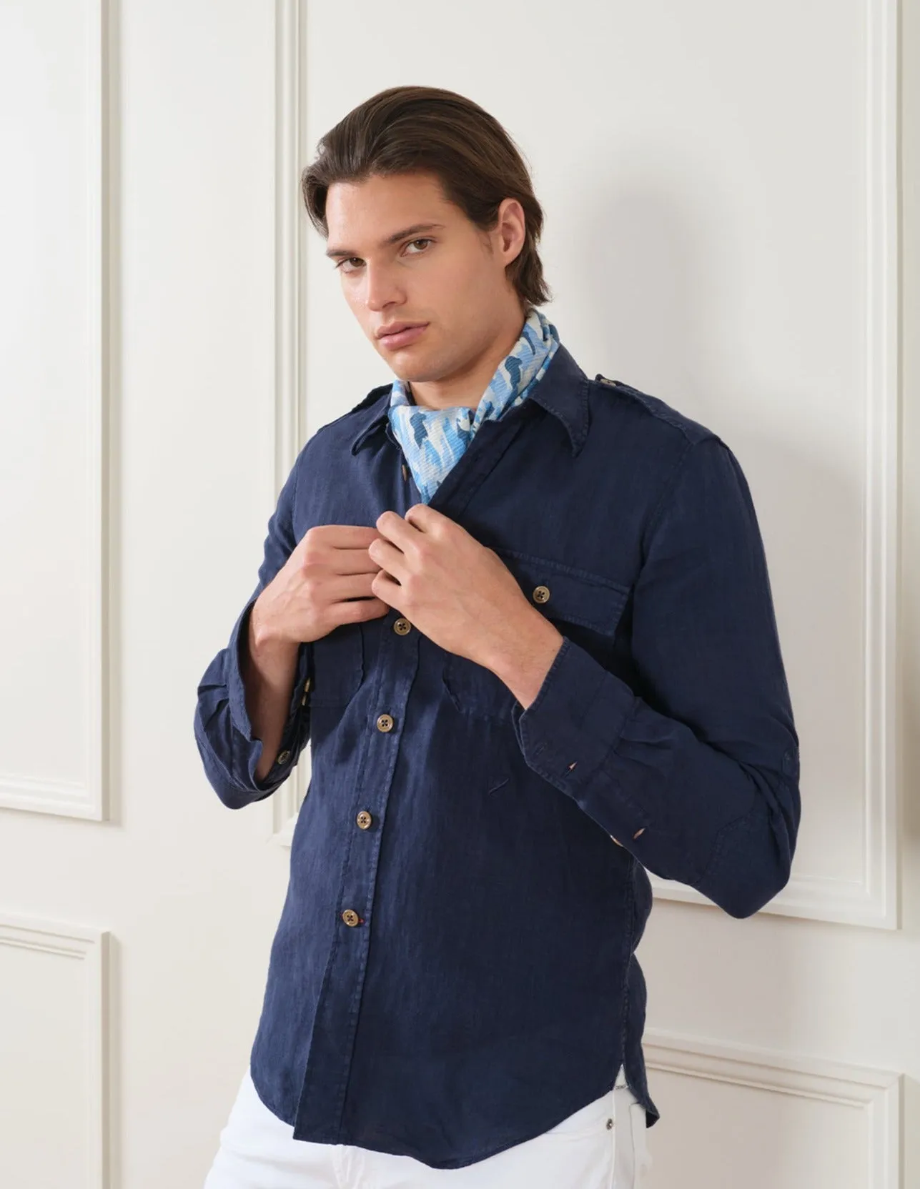 GARMENT DYED LINEN MILITARY SHIRT
