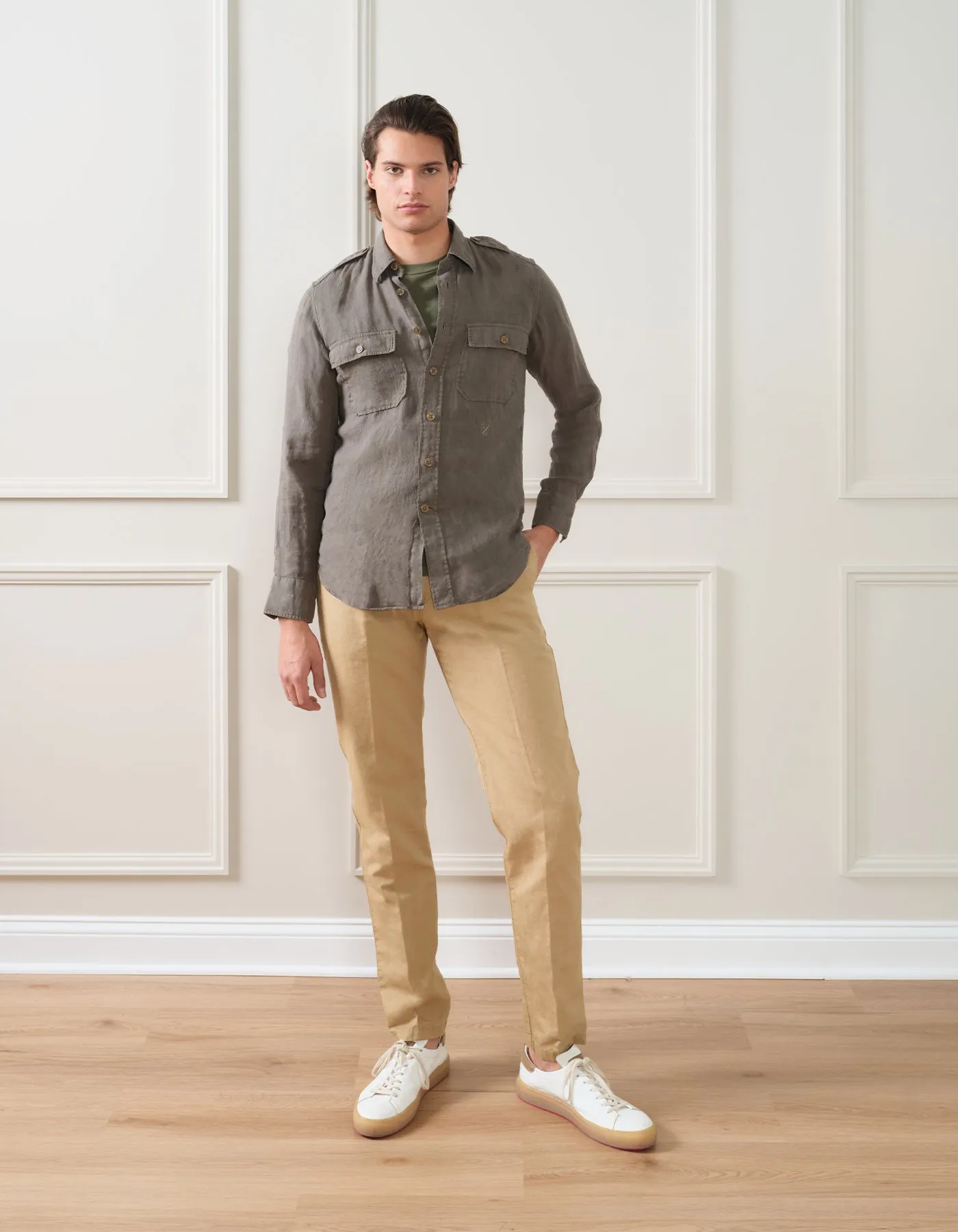 GARMENT DYED LINEN MILITARY SHIRT