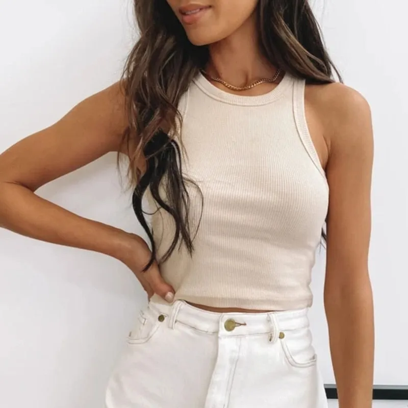 Geripptes Tank Top Weiß Sommer Casual Fitness Kurze Weste Candy Farben Gestrickt Schulterfrei Sexy Crop Top