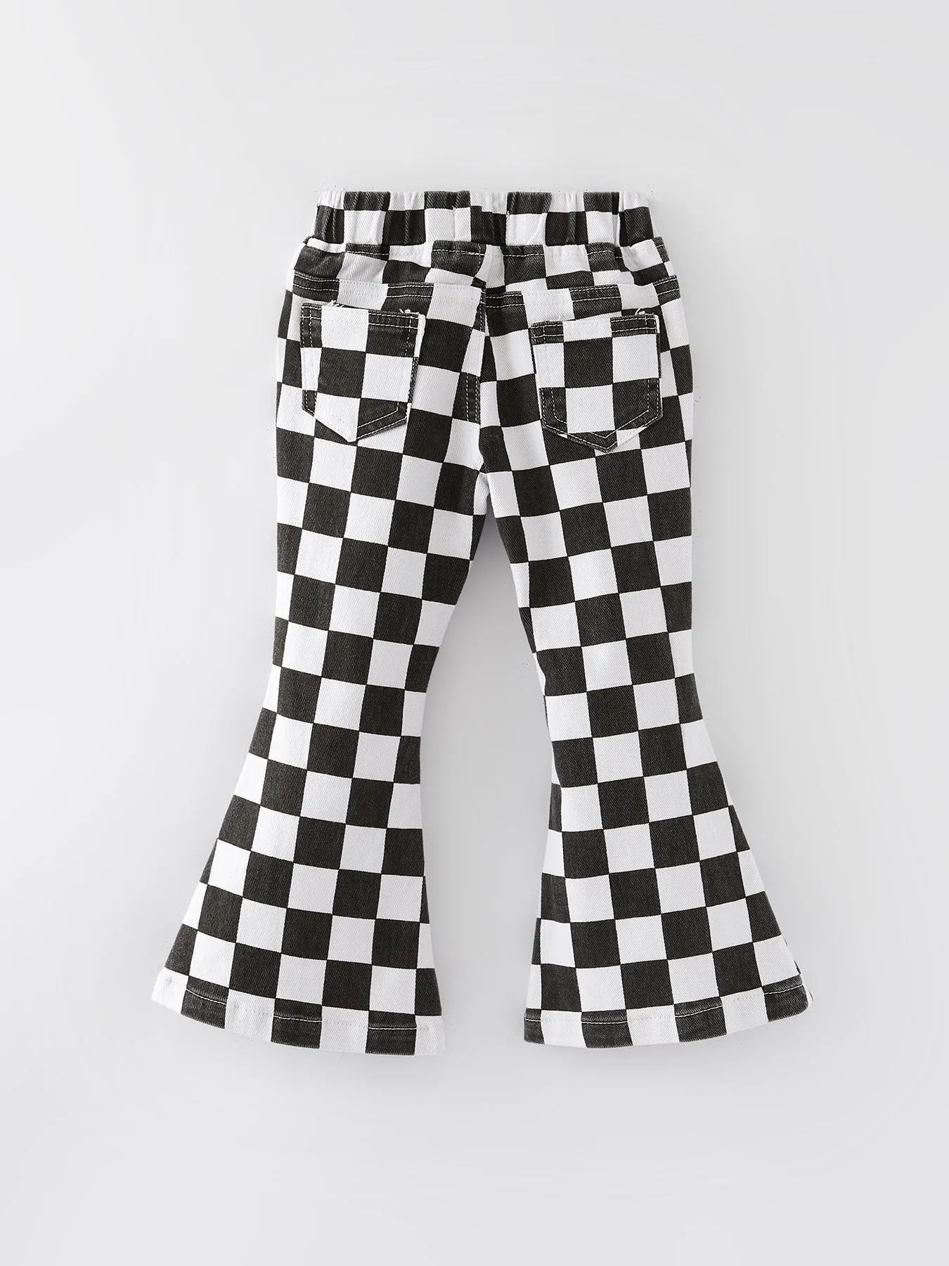 Girls Black and White Check Print Elastic Flared Jeans