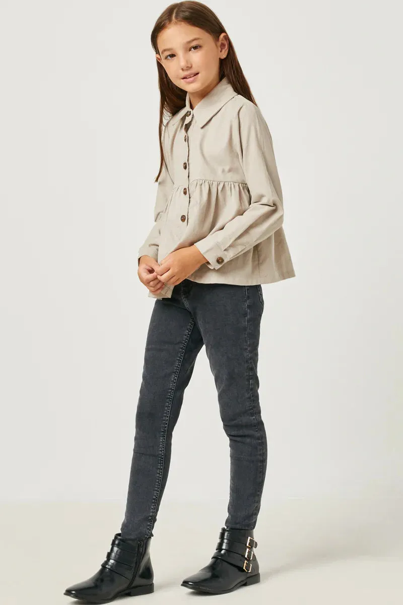 Girls Corduroy Button Up Peplum Shirt