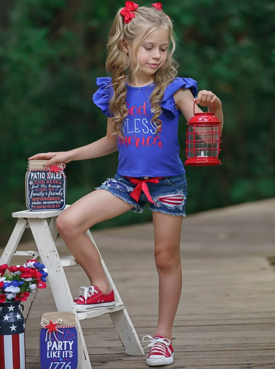 God Bless America Patched Denim Shorts Set