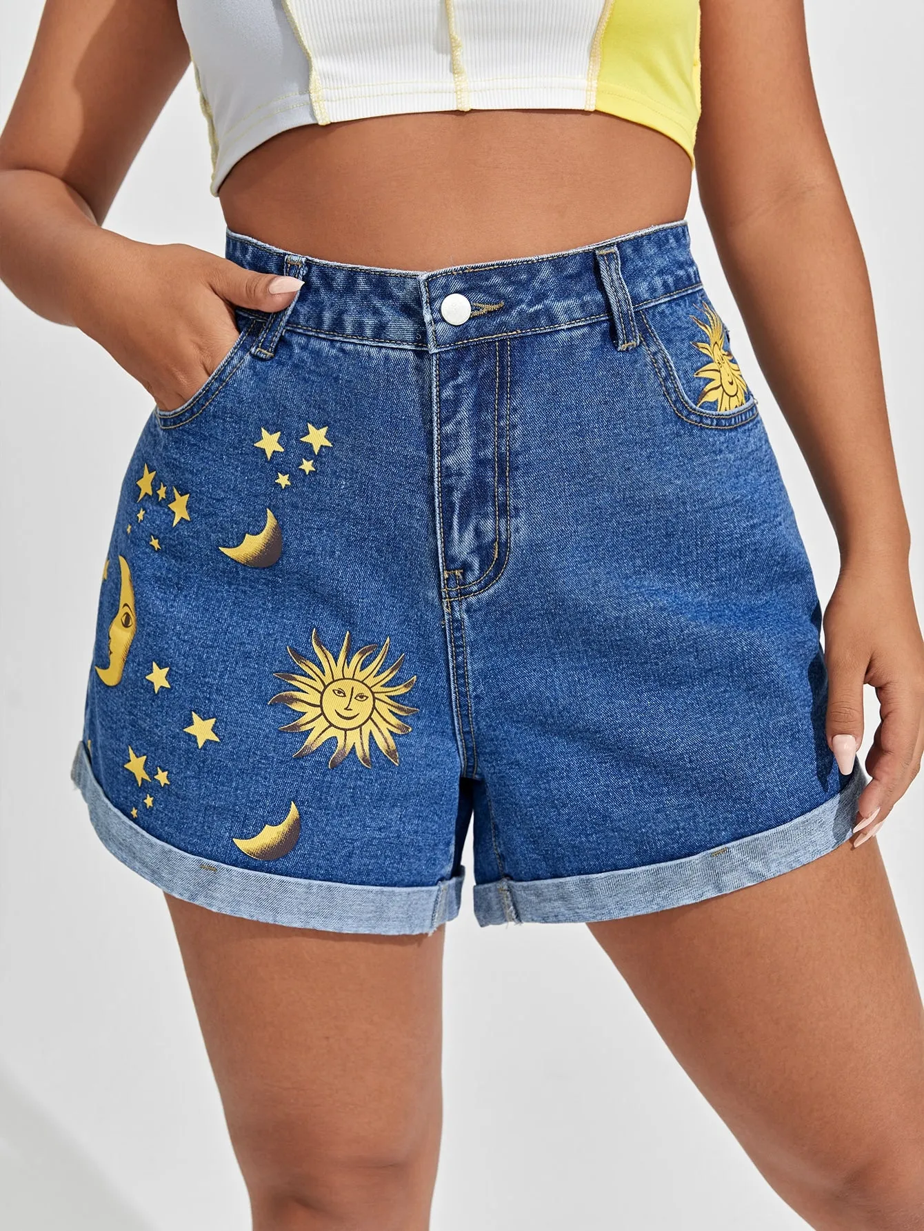Graphic Zipper High Waist Plus Size Denim Shorts