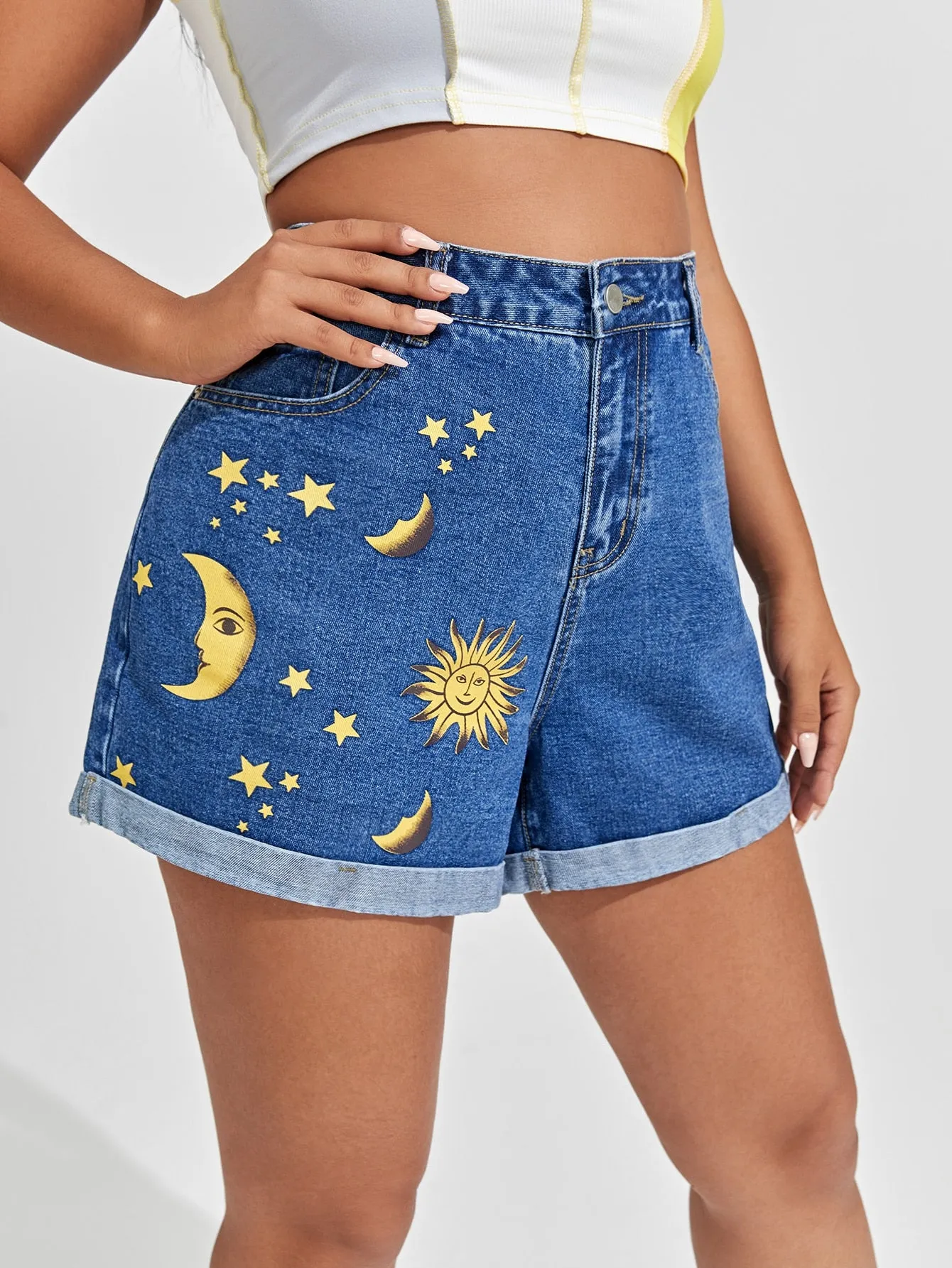 Graphic Zipper High Waist Plus Size Denim Shorts