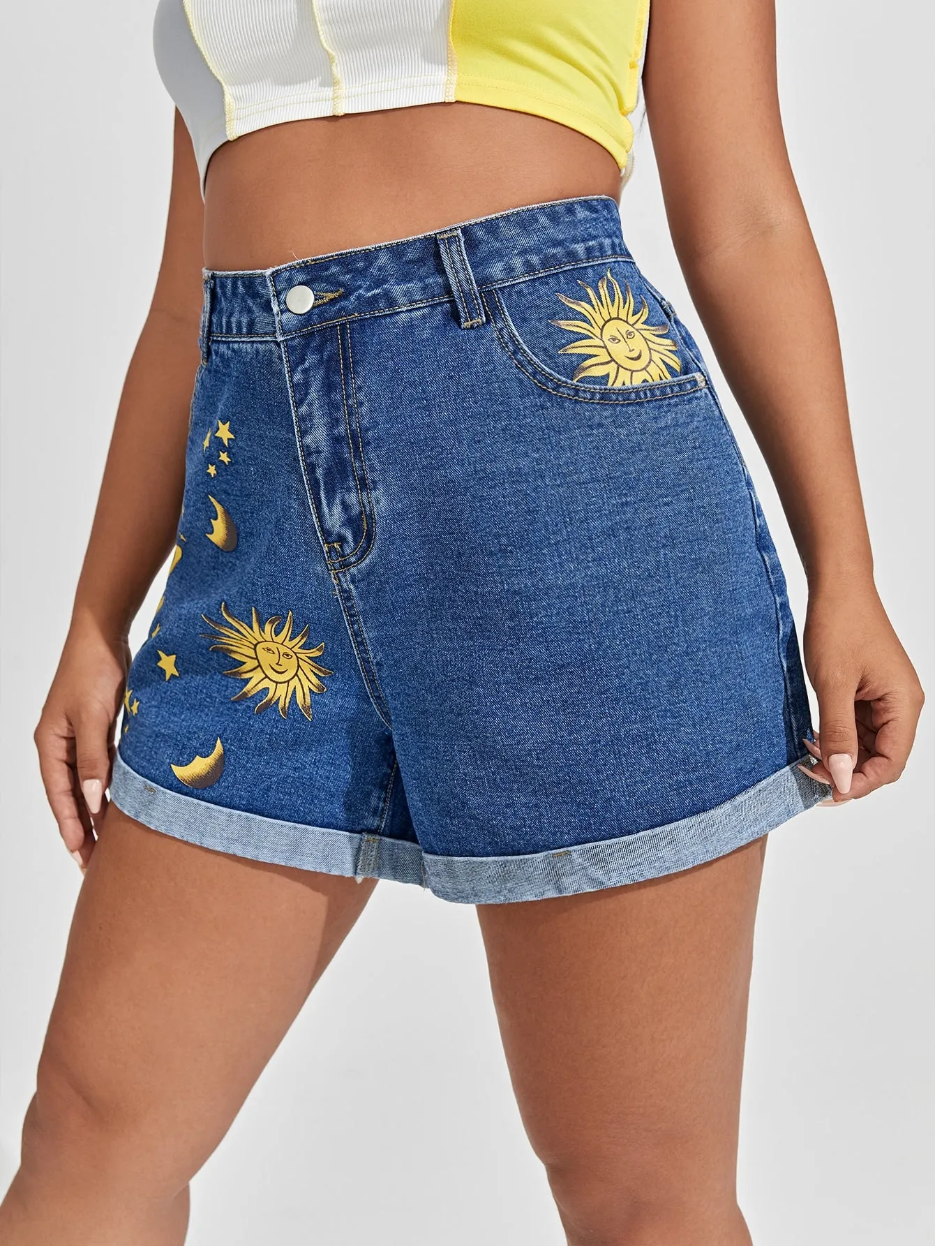 Graphic Zipper High Waist Plus Size Denim Shorts