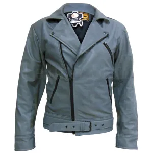 Gray Brando Belted Unisex Mens Womens Biker Motorcycle Genuine Leather Jacket