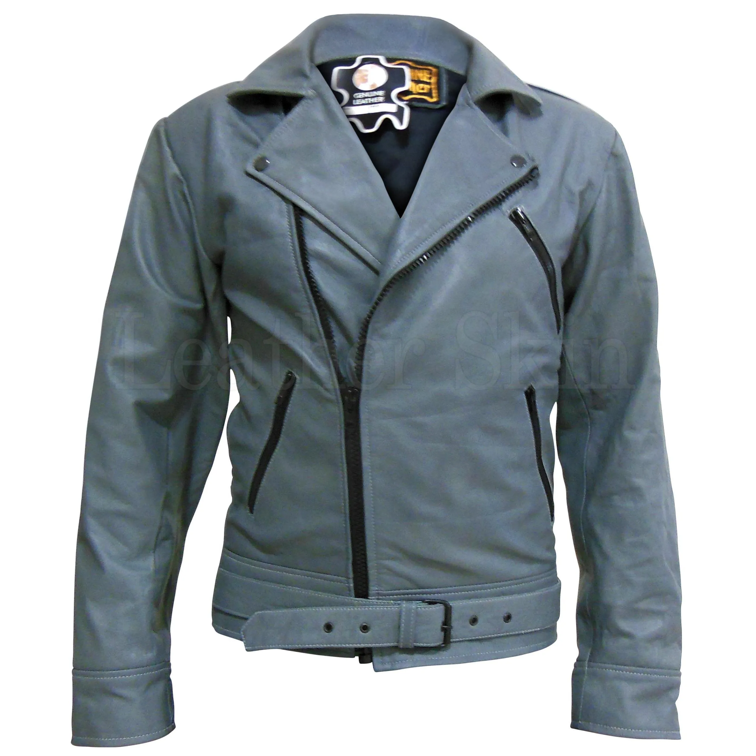 Gray Brando Belted Unisex Mens Womens Biker Motorcycle Genuine Leather Jacket