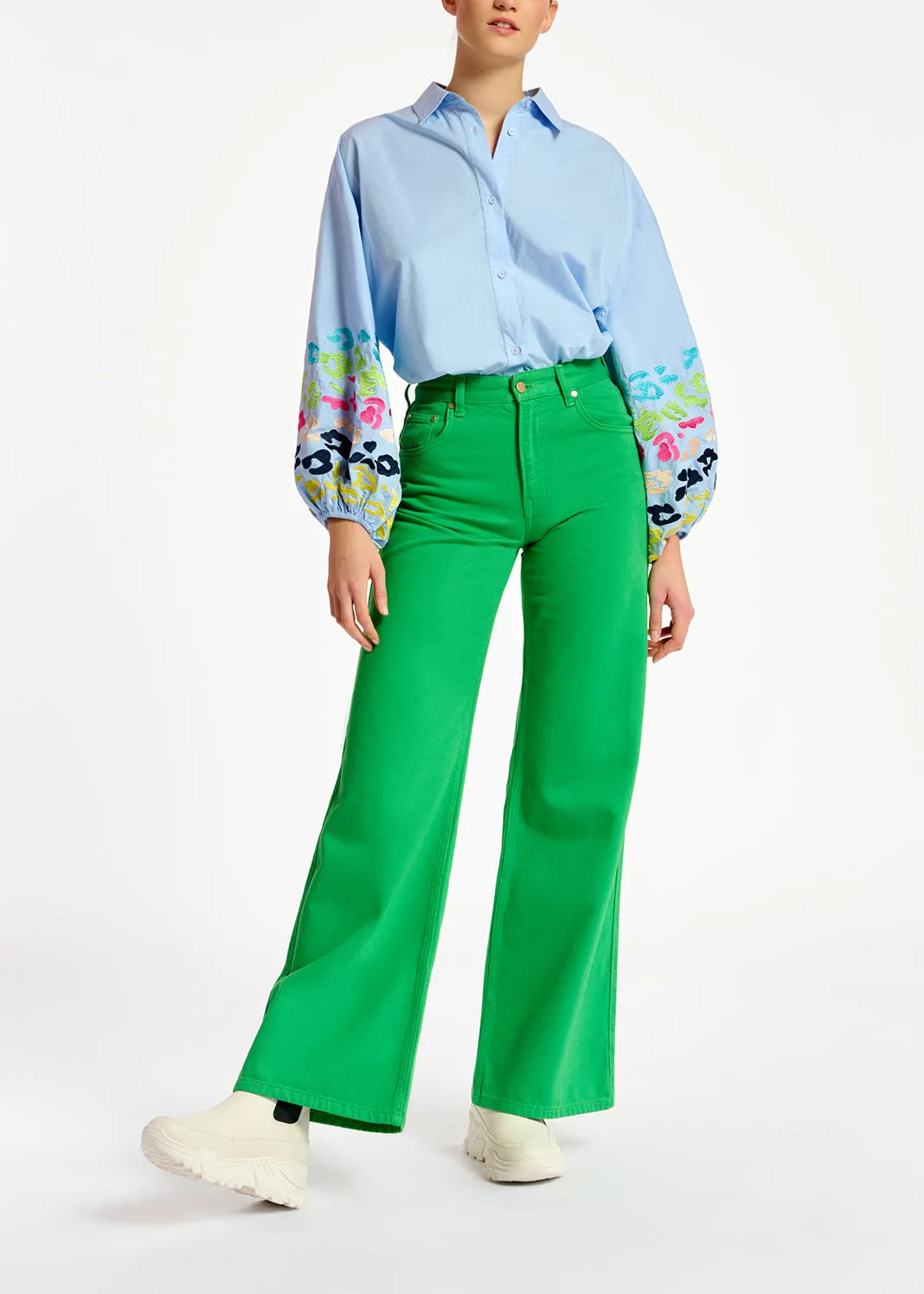 Green denim straight-leg jeans