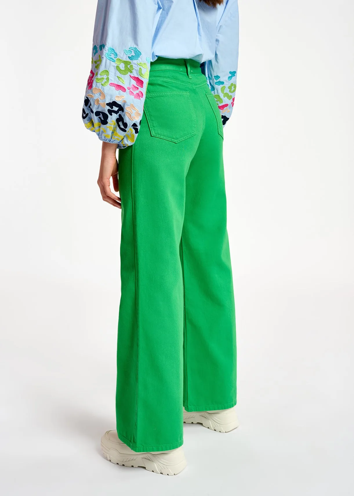 Green denim straight-leg jeans