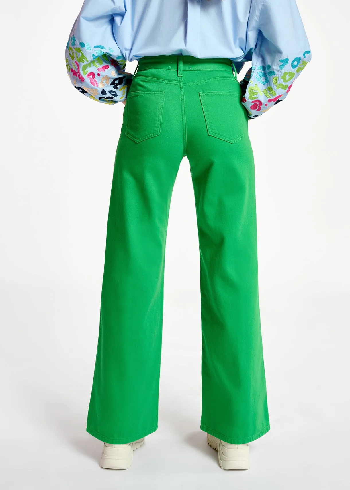 Green denim straight-leg jeans