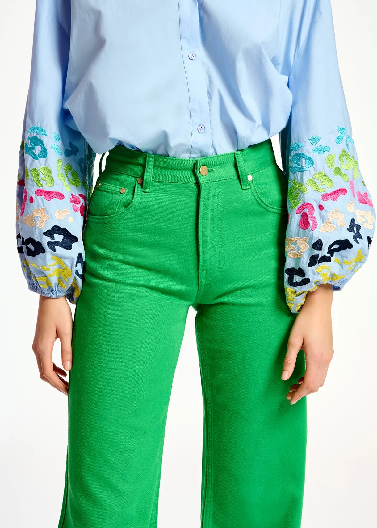 Green denim straight-leg jeans