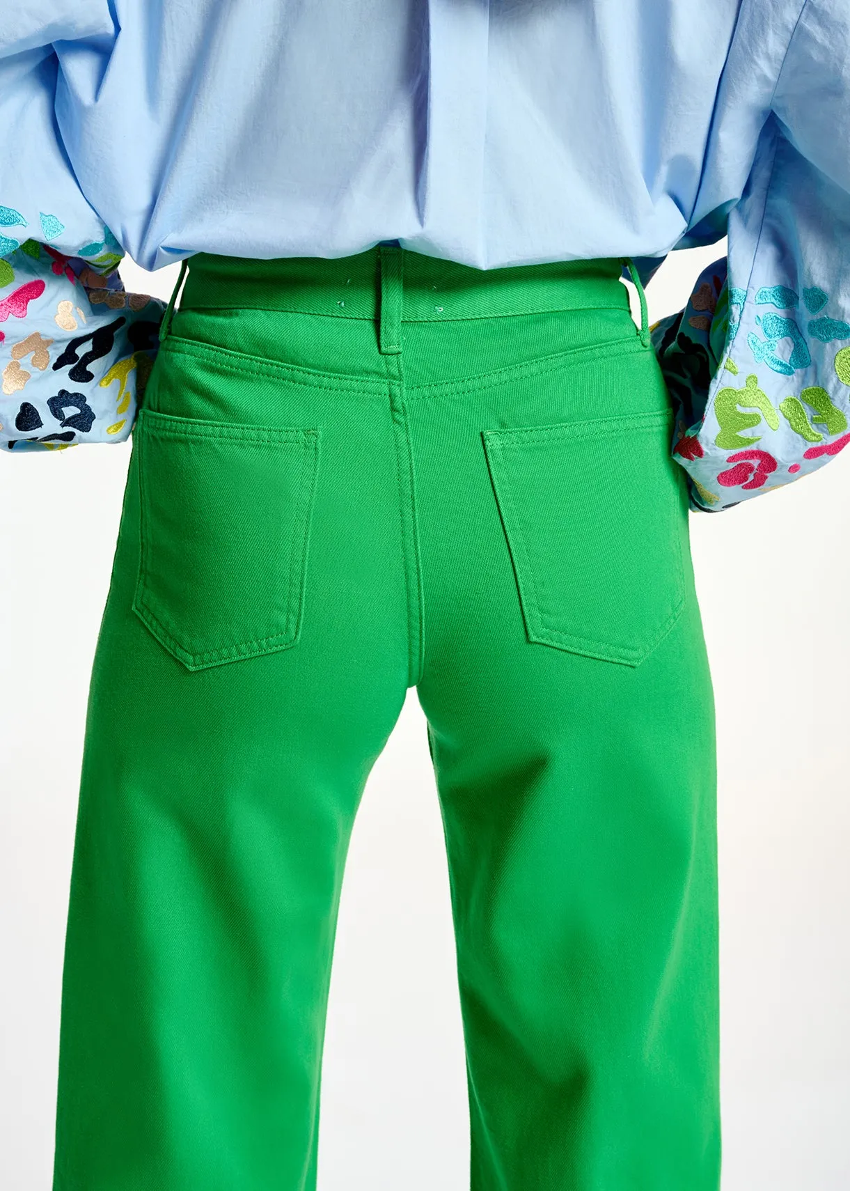 Green denim straight-leg jeans