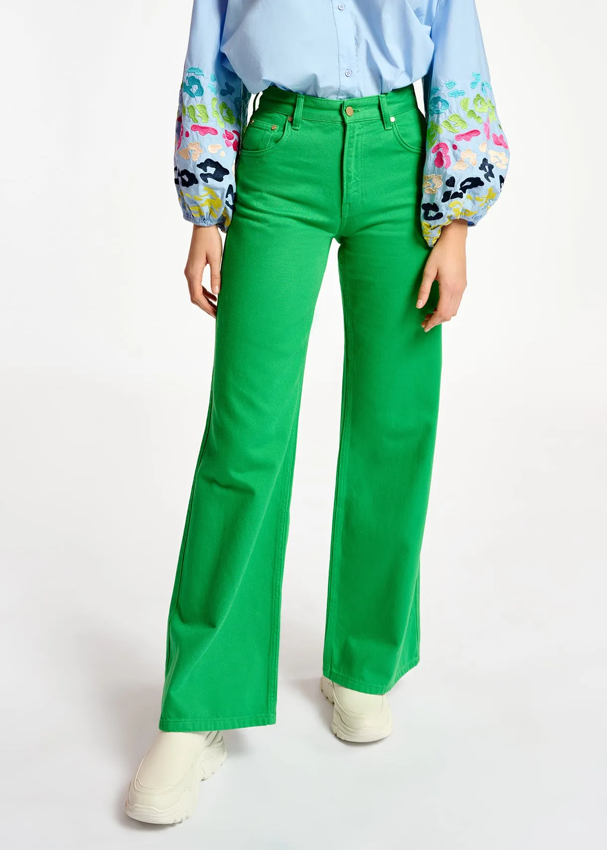 Green denim straight-leg jeans