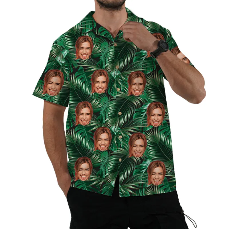 Green Leaf Print Men's Hawaiian Shirt Tropical Vacation Summer Top