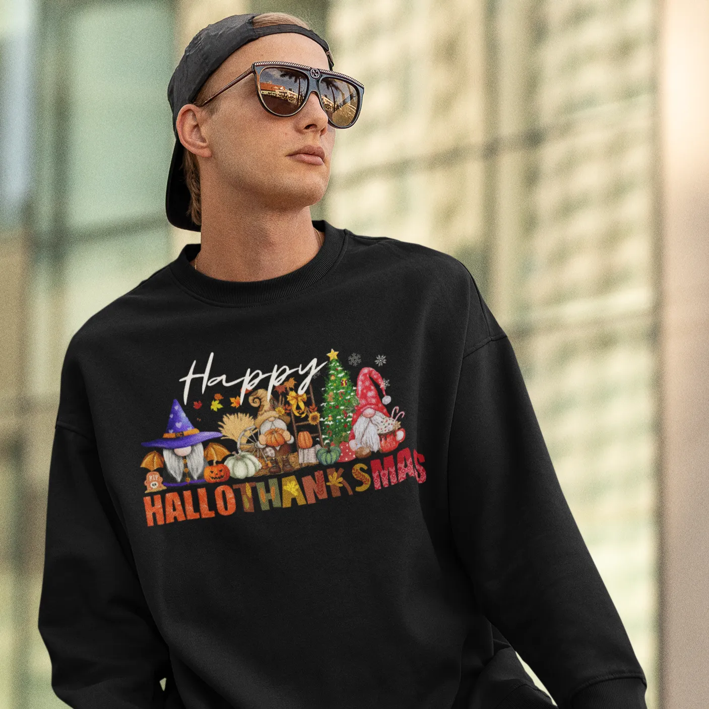 Happy Hallothanksmas Sweatshirt , Halloween Sweatshirt, Thanksgiving Shirt, Christmas Shirt, Coffee Pumpkin Spice Iced, Gnome Sweatshirt