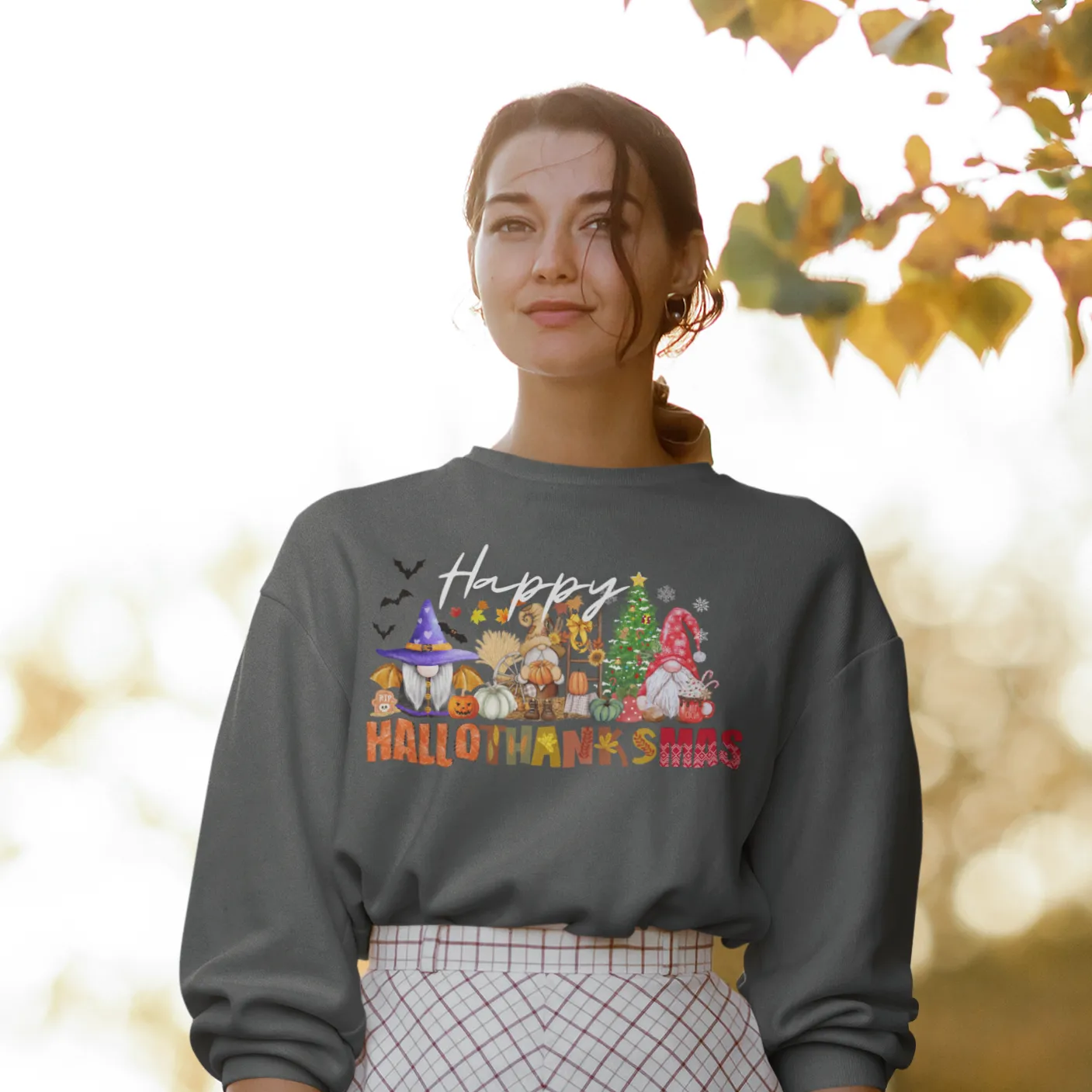 Happy Hallothanksmas Sweatshirt , Halloween Sweatshirt, Thanksgiving Shirt, Christmas Shirt, Coffee Pumpkin Spice Iced, Gnome Sweatshirt