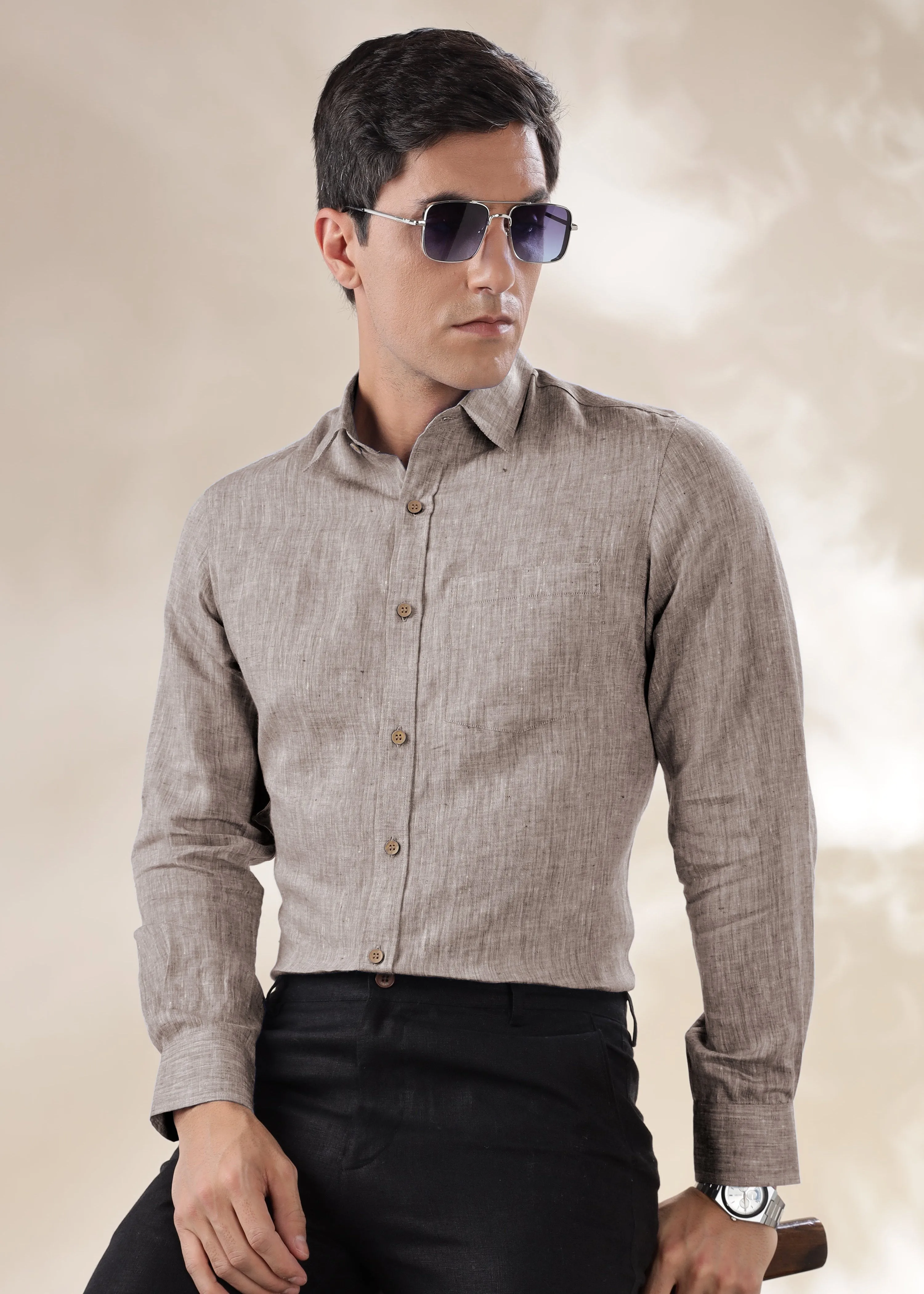 Harvey - Pure Linen Full Sleeve Shirt - Brown Chambray