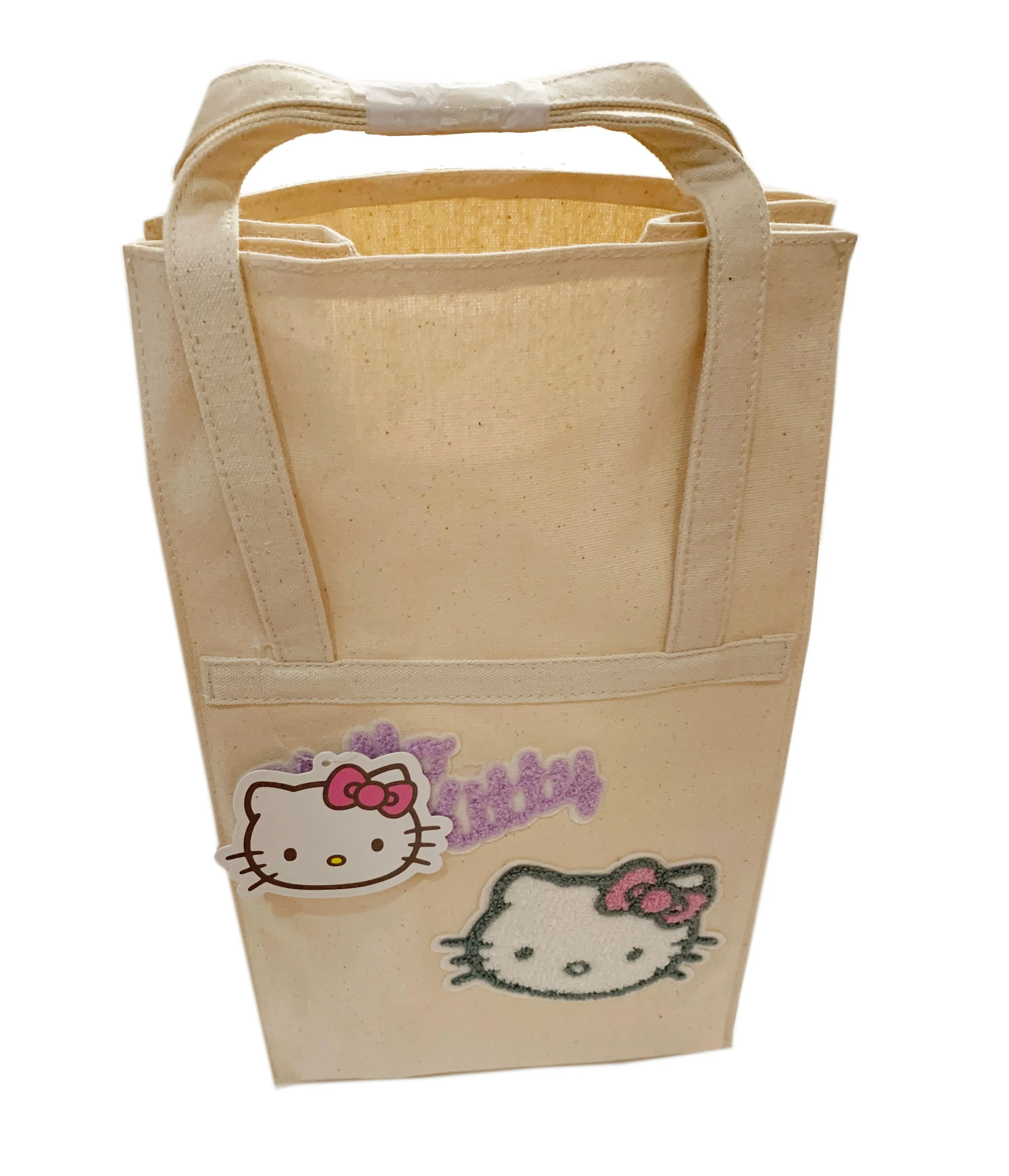 Hello Kitty Lunch Bag or Wine Bottle Tote, Liquid Proof Coating Inside on Heavy Canvas, 8"x14"x 5"