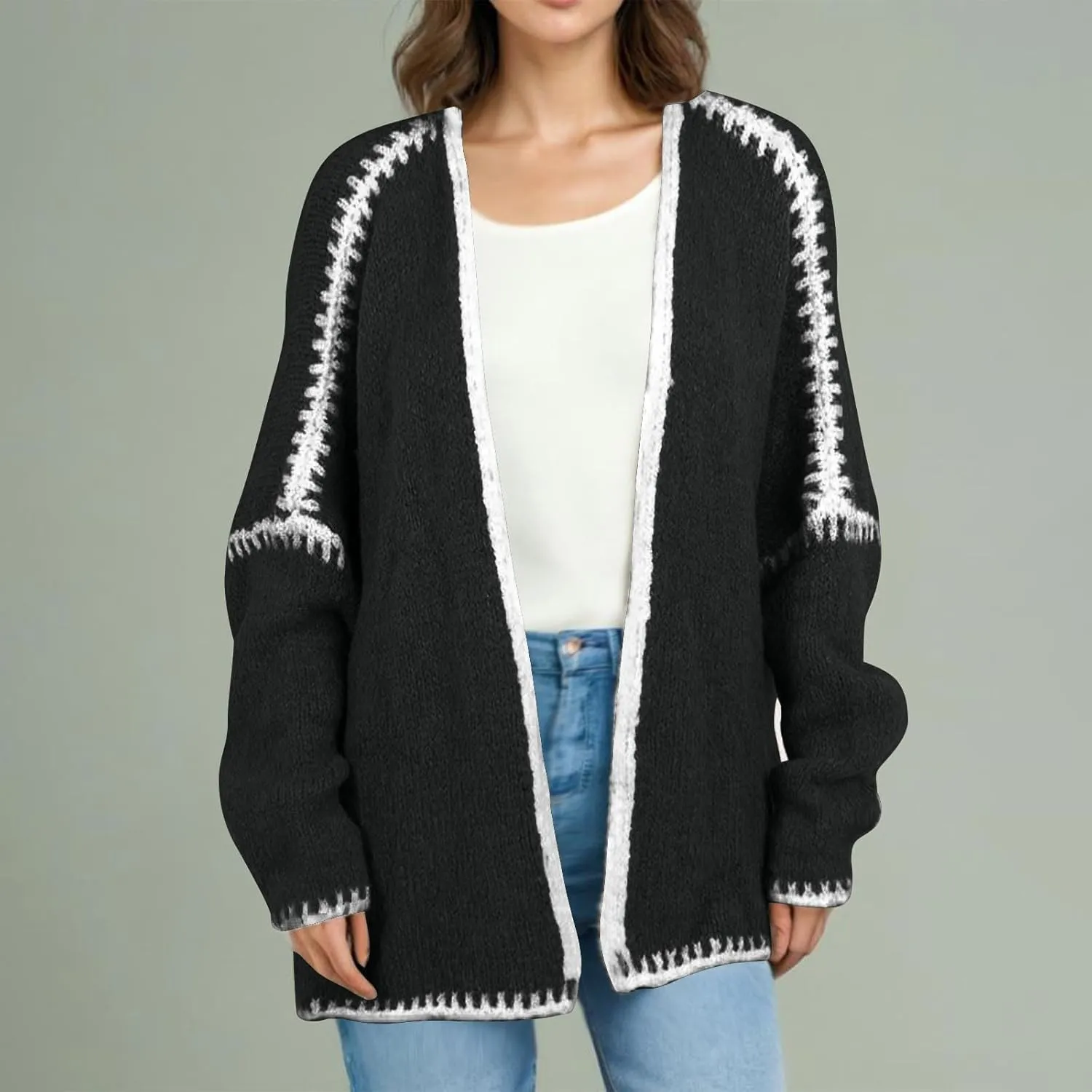 HGps8w Plus Size Sweater Cardigans for Women Oversized Long Sleeve Open Front Knitted Jackets Outerwear