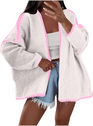 HGps8w Plus Size Sweater Cardigans for Women Oversized Long Sleeve Open Front Knitted Jackets Outerwear