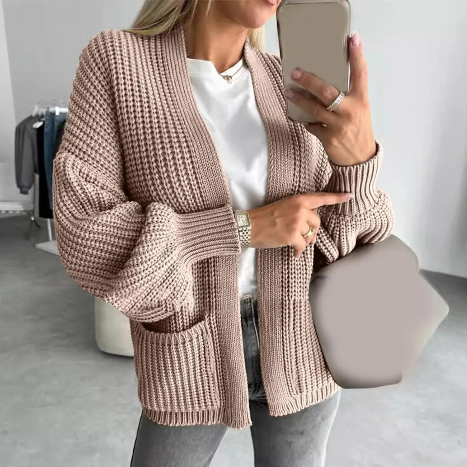 HGps8w Women's Chunky Knit Cardigans - Cozy Mid Long Casual Open Front Long Sleeve Sweater Jackets Outerwear