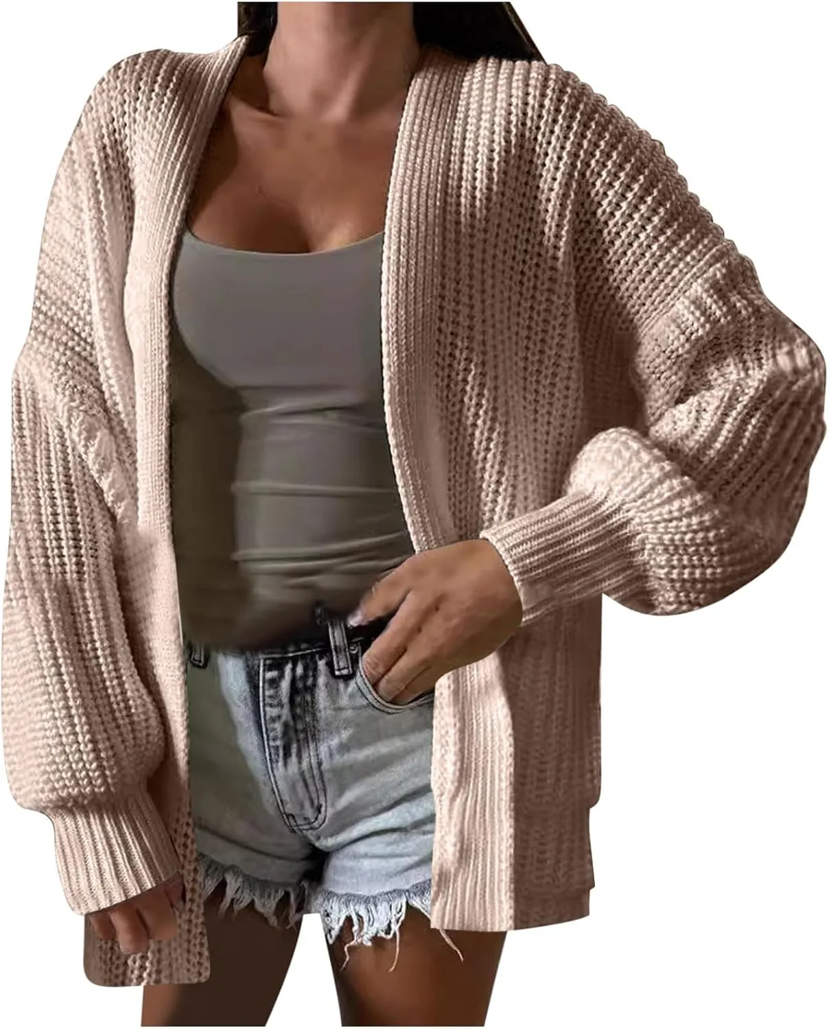 HGps8w Women's Chunky Knit Cardigans - Cozy Mid Long Casual Open Front Long Sleeve Sweater Jackets Outerwear