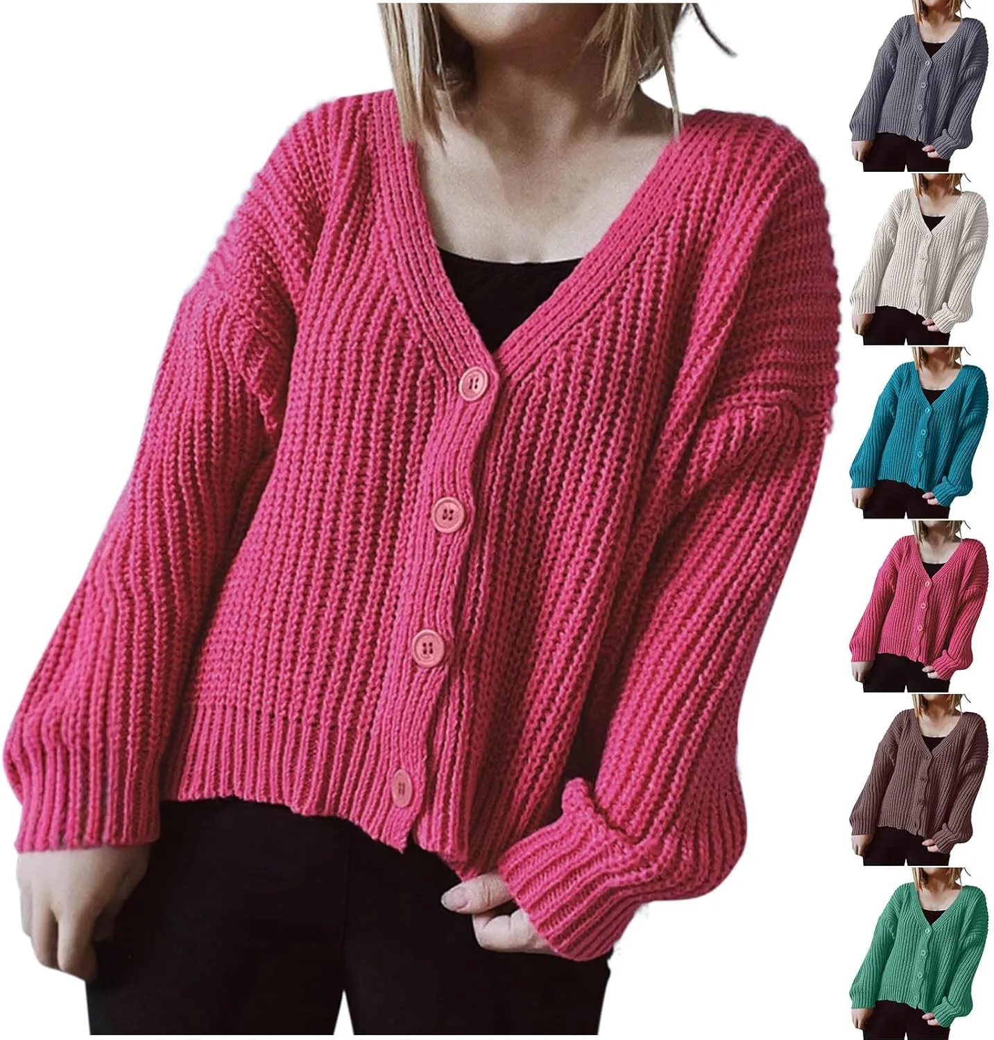HGps8w Women's Chunky Knit Cardigans - Loose Fit Casual V Neck Button Down Long Sleeve Sweater Jackets Outerwear