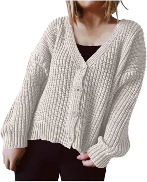 HGps8w Women's Chunky Knit Cardigans - Loose Fit Casual V Neck Button Down Long Sleeve Sweater Jackets Outerwear