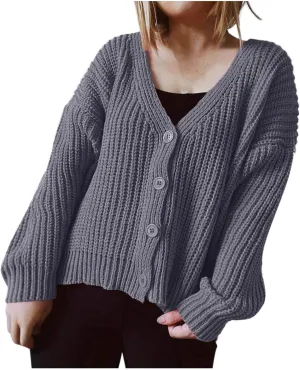 HGps8w Women's Chunky Knit Cardigans - Loose Fit Casual V Neck Button Down Long Sleeve Sweater Jackets Outerwear