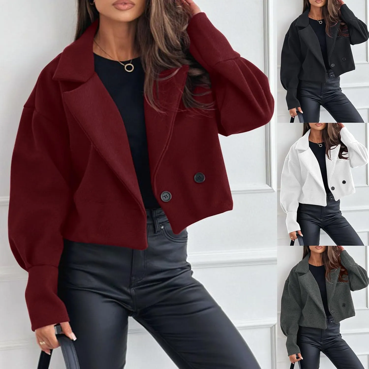 HGps8w Women's Double Breasted Wool Blend Pea Coat, Dressy Casual Elagant Notched Lapel Cropped Woolen Jackets Outerwear