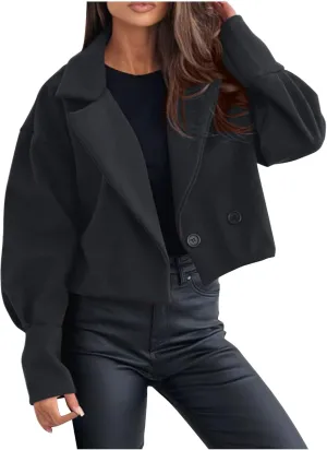 HGps8w Women's Double Breasted Wool Blend Pea Coat, Dressy Casual Elagant Notched Lapel Cropped Woolen Jackets Outerwear