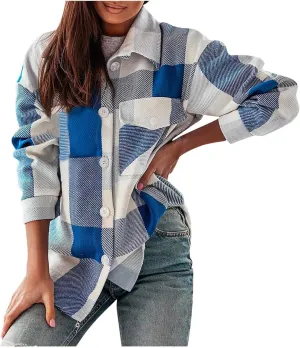 HGps8w Women's Plaid Wool Blend Pea Coat, Loose Button Down Long Sleeve Lapel Woolen Shirt Jackets Outerwear
