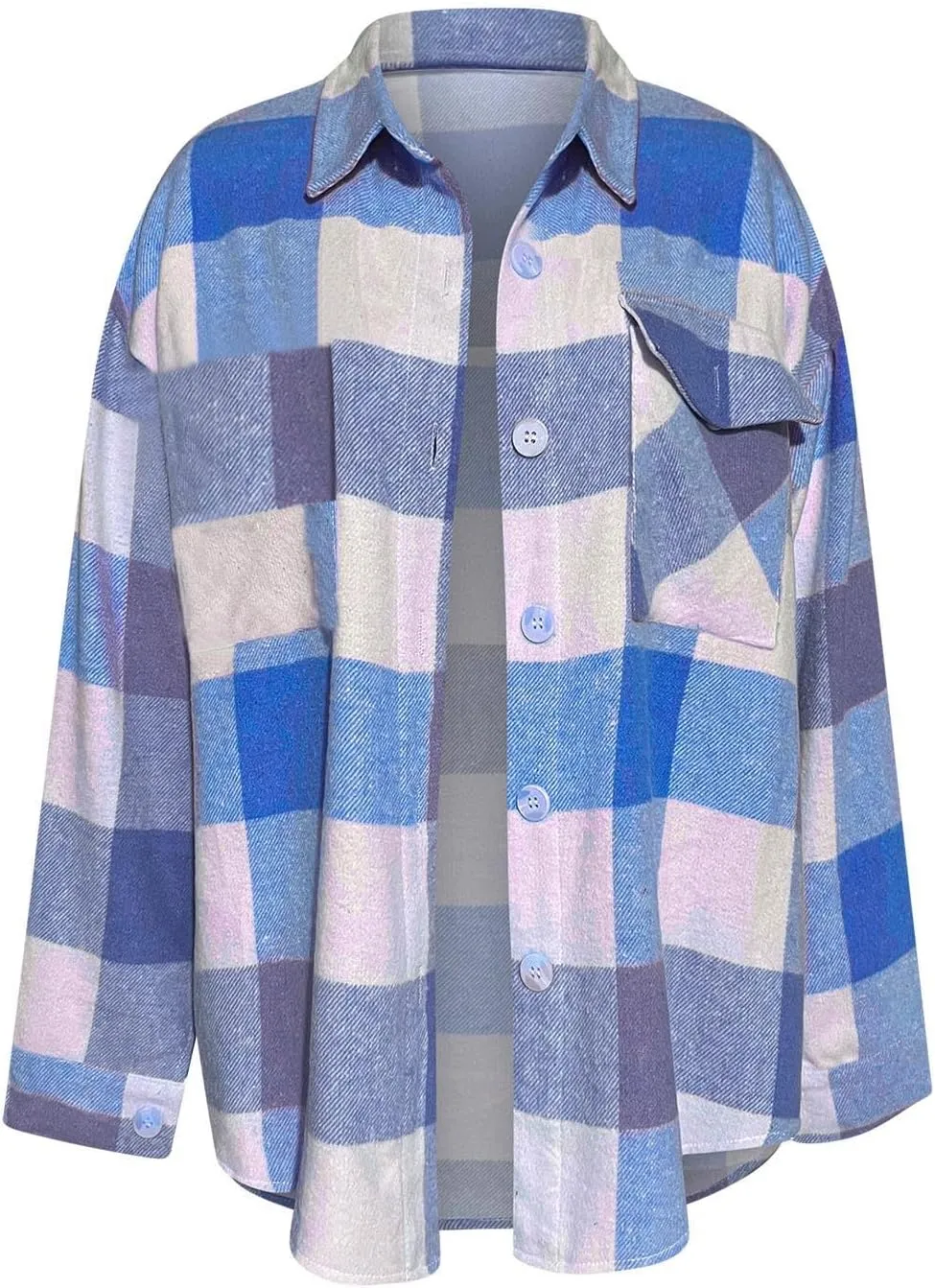 HGps8w Women's Plaid Wool Blend Pea Coat, Loose Button Down Long Sleeve Lapel Woolen Shirt Jackets Outerwear