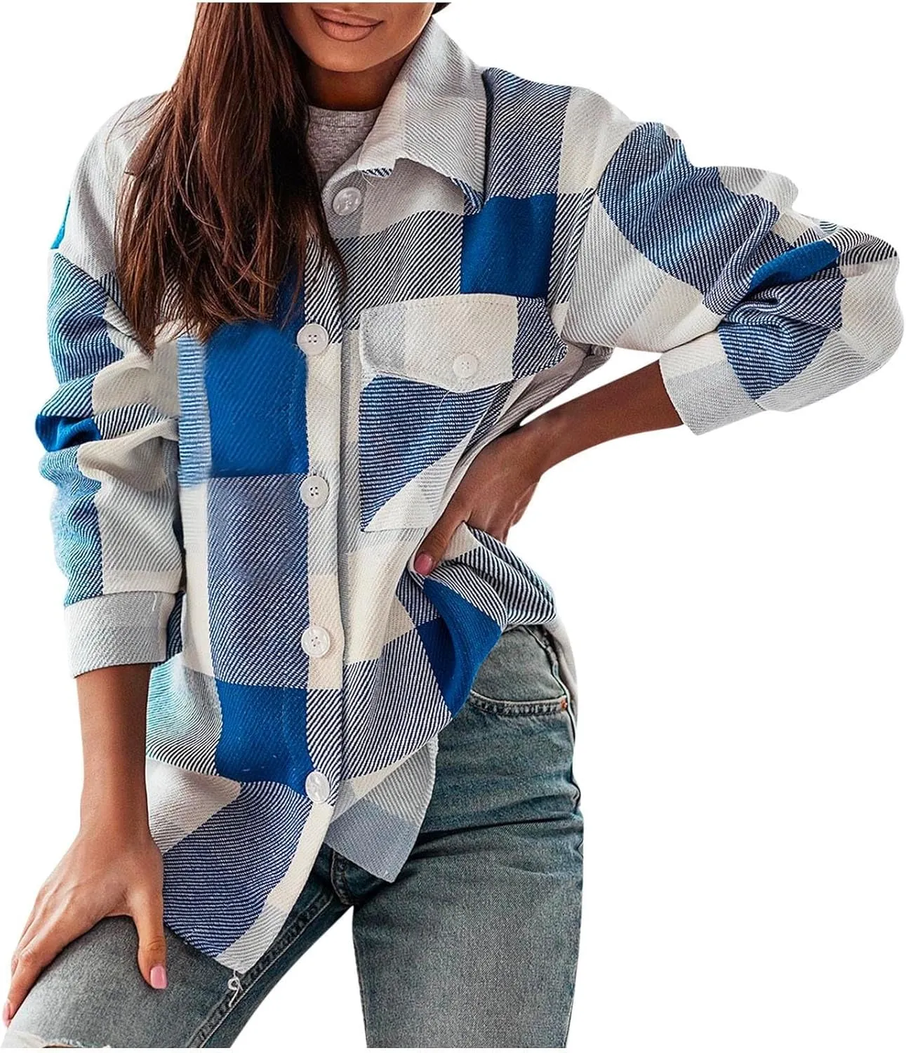 HGps8w Women's Plaid Wool Blend Pea Coat, Loose Button Down Long Sleeve Lapel Woolen Shirt Jackets Outerwear
