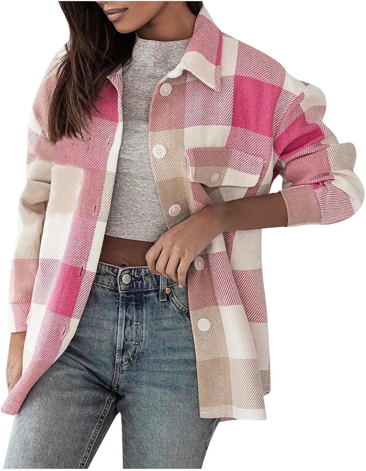 HGps8w Women's Plaid Wool Blend Pea Coat, Loose Button Down Long Sleeve Lapel Woolen Shirt Jackets Outerwear