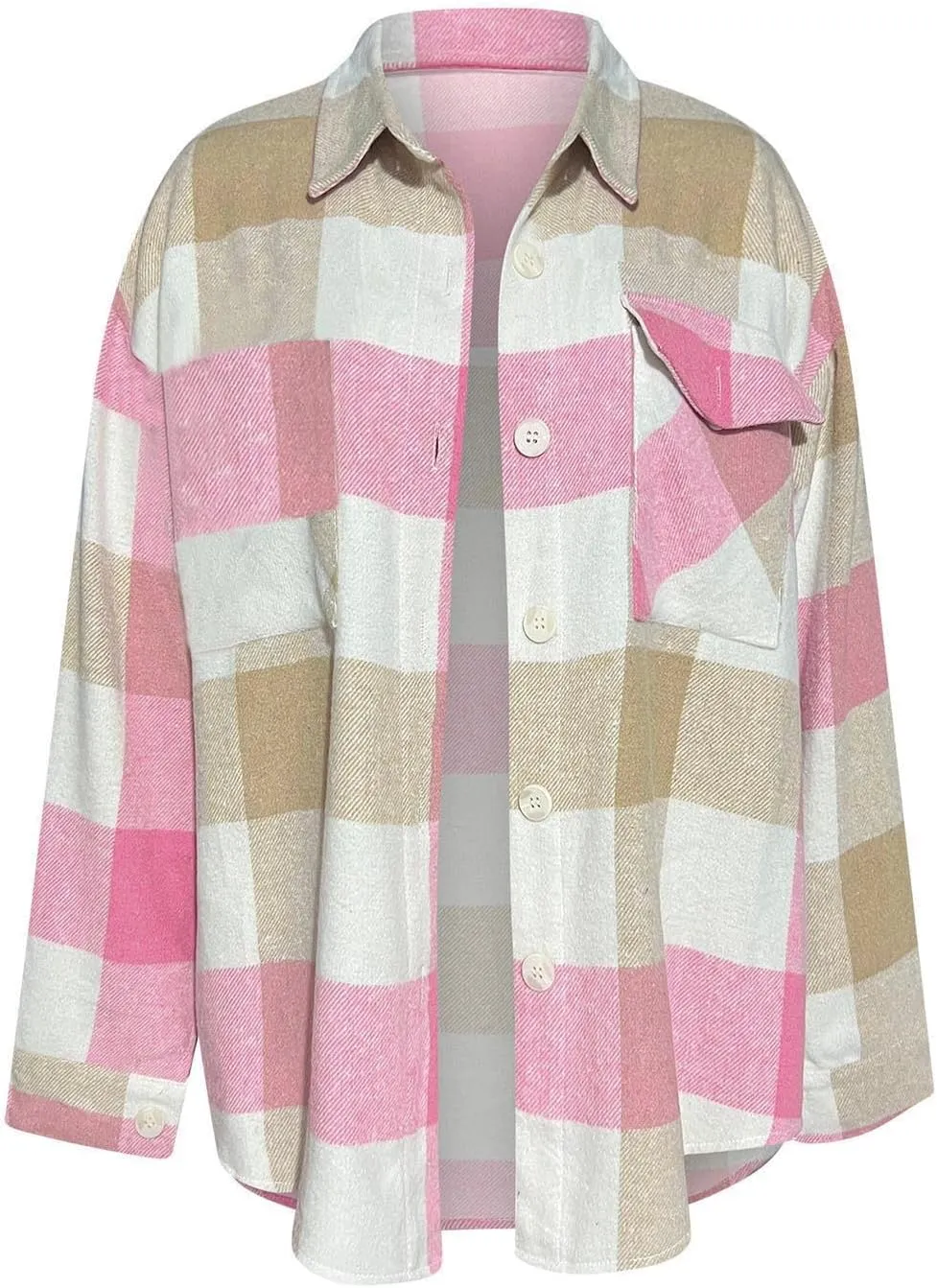HGps8w Women's Plaid Wool Blend Pea Coat, Loose Button Down Long Sleeve Lapel Woolen Shirt Jackets Outerwear