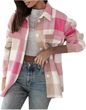 HGps8w Women's Plaid Wool Blend Pea Coat, Loose Button Down Long Sleeve Lapel Woolen Shirt Jackets Outerwear