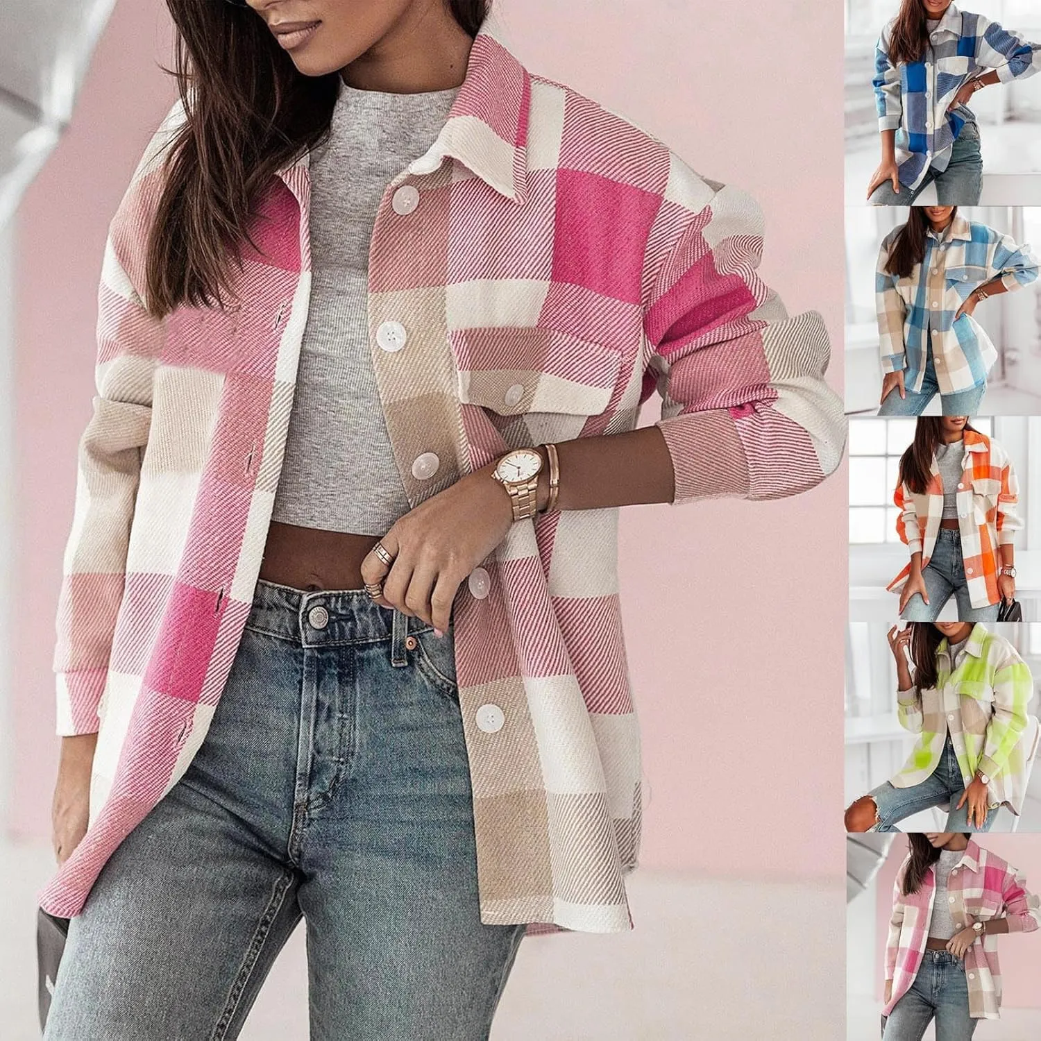 HGps8w Women's Plaid Wool Blend Pea Coat, Loose Button Down Long Sleeve Lapel Woolen Shirt Jackets Outerwear