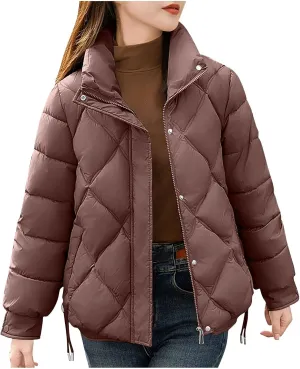 HGps8w Women's Puffer Jacket Lightweight Casual Quilted Baggy Long Sleeve Zip Down Jackets Outerwear Winter Padded Down Coats