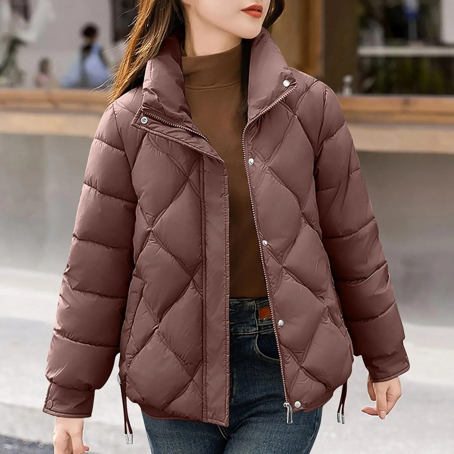 HGps8w Women's Puffer Jacket Lightweight Casual Quilted Baggy Long Sleeve Zip Down Jackets Outerwear Winter Padded Down Coats