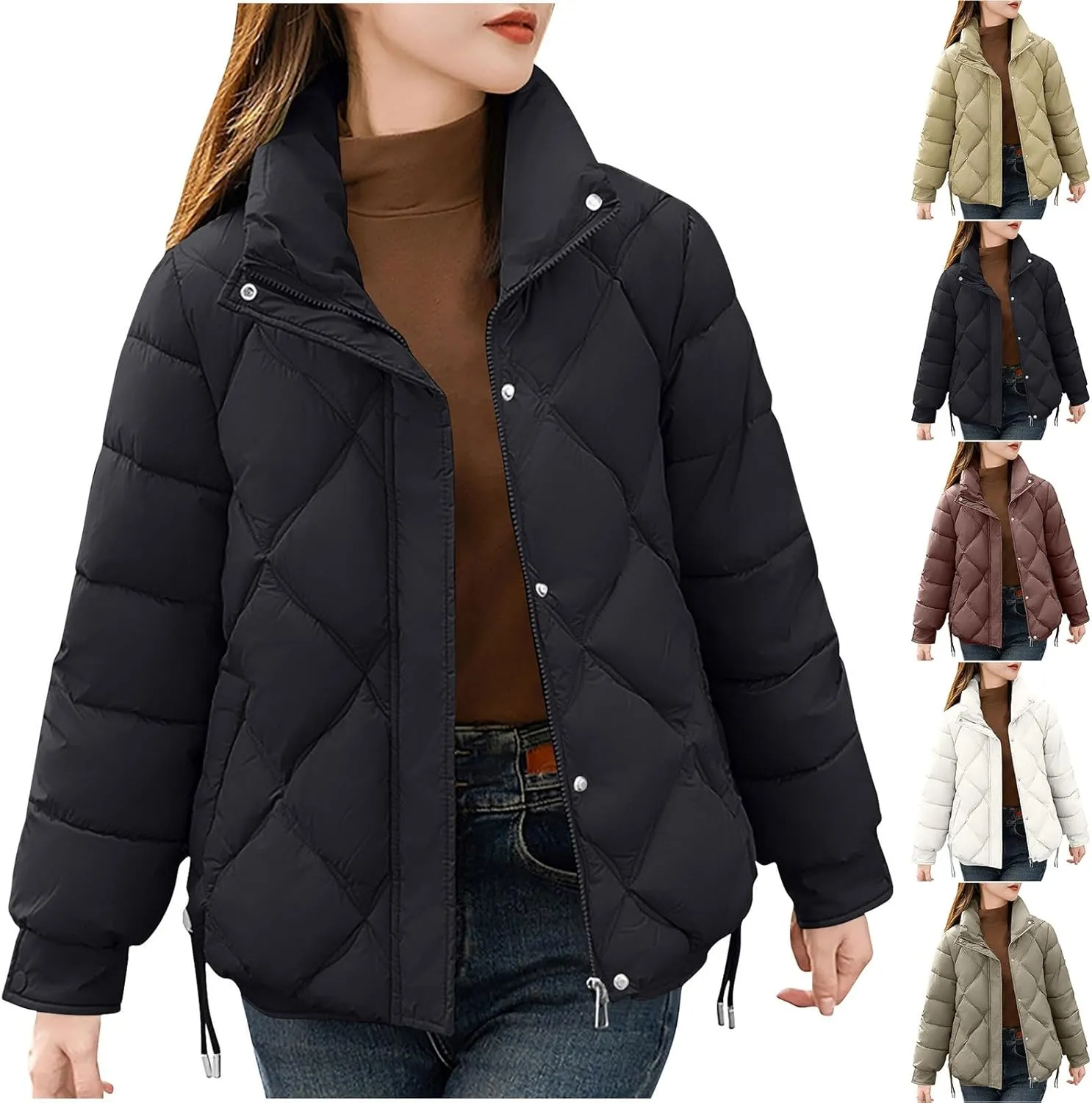 HGps8w Women's Puffer Jacket Lightweight Casual Quilted Baggy Long Sleeve Zip Down Jackets Outerwear Winter Padded Down Coats