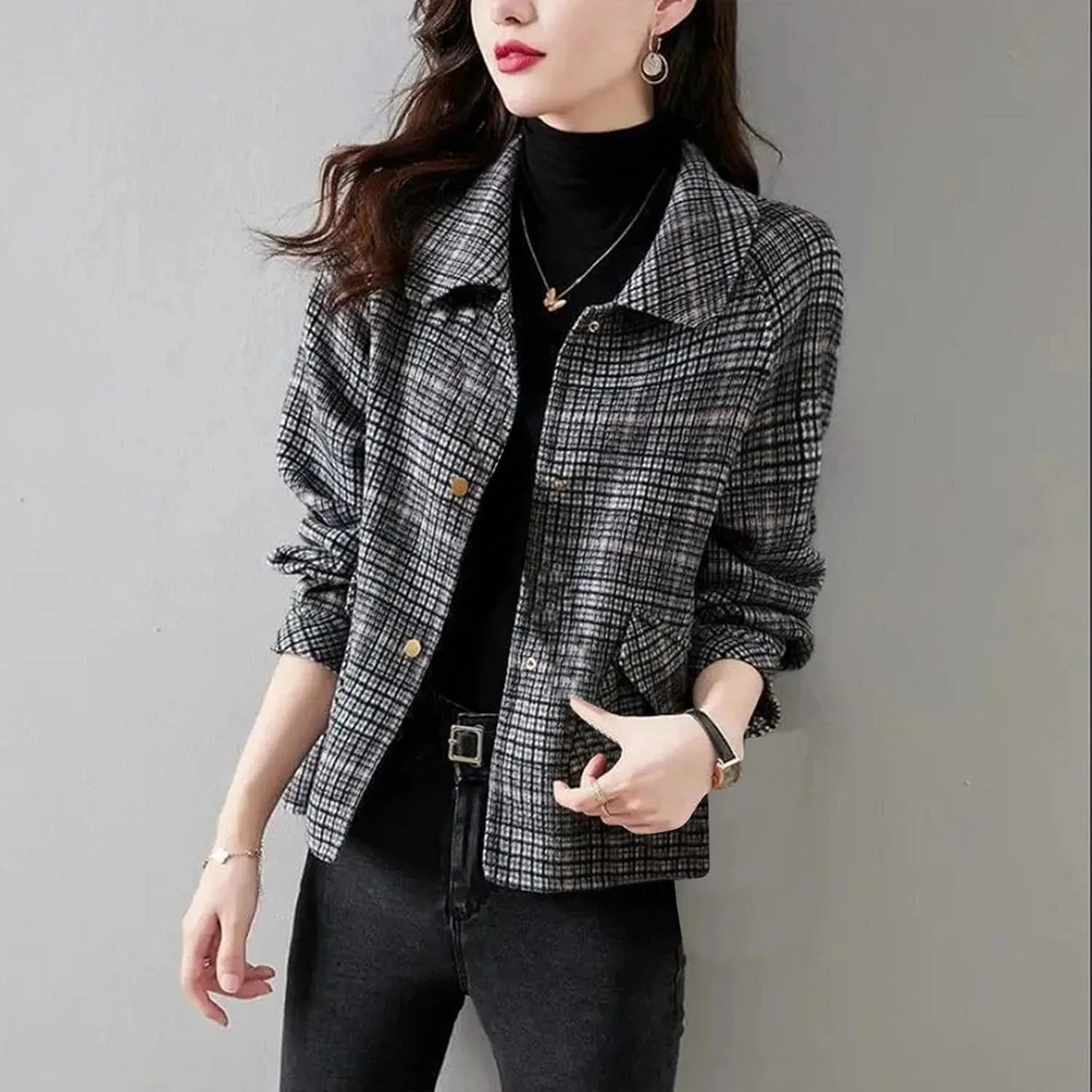 HGps8w Women's Retro Checked Wool Blend Pea Coat, Dressy Casual Classic Notched Lapel Woolen Suit Jackets Outerwear