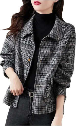 HGps8w Women's Retro Checked Wool Blend Pea Coat, Dressy Casual Classic Notched Lapel Woolen Suit Jackets Outerwear