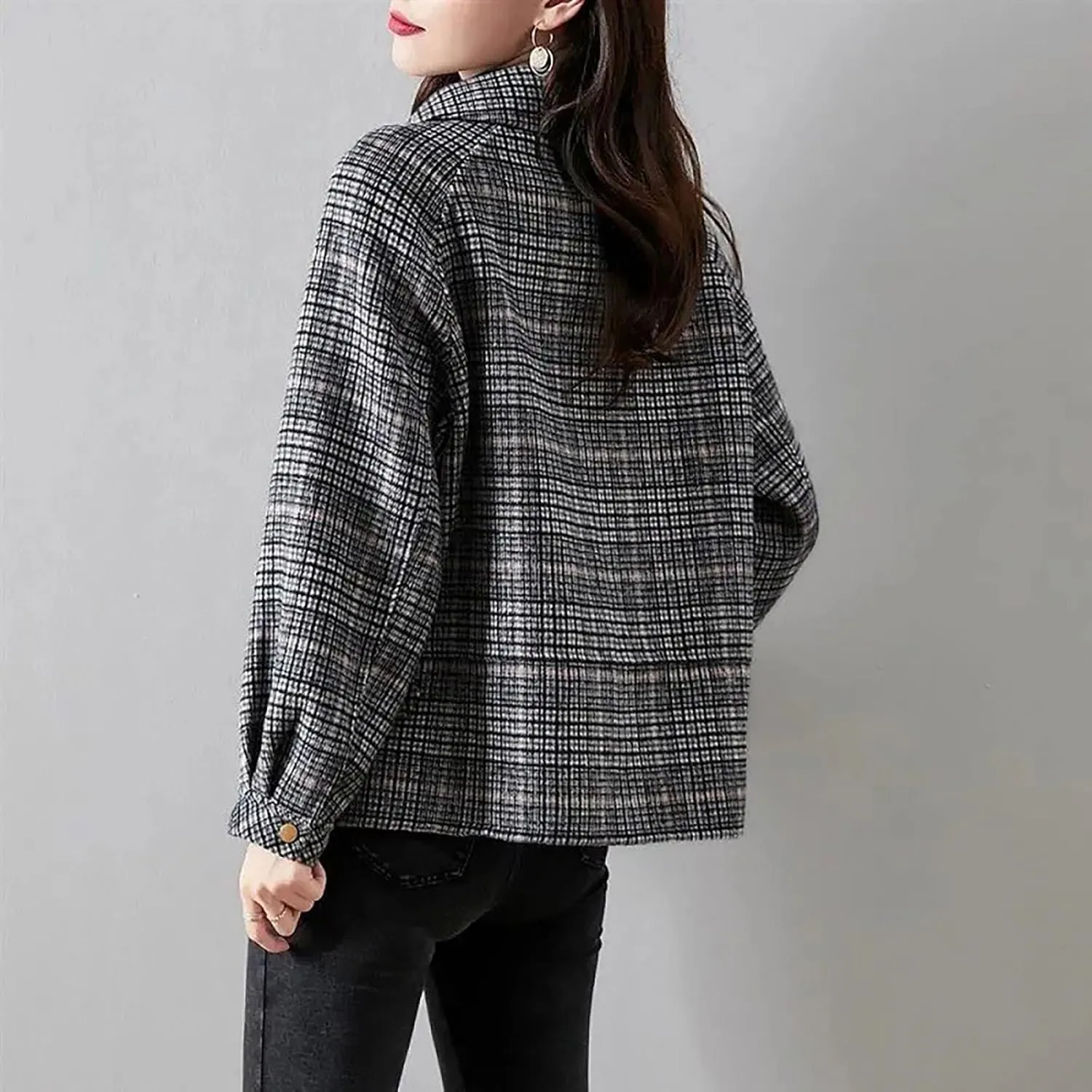 HGps8w Women's Retro Checked Wool Blend Pea Coat, Dressy Casual Classic Notched Lapel Woolen Suit Jackets Outerwear
