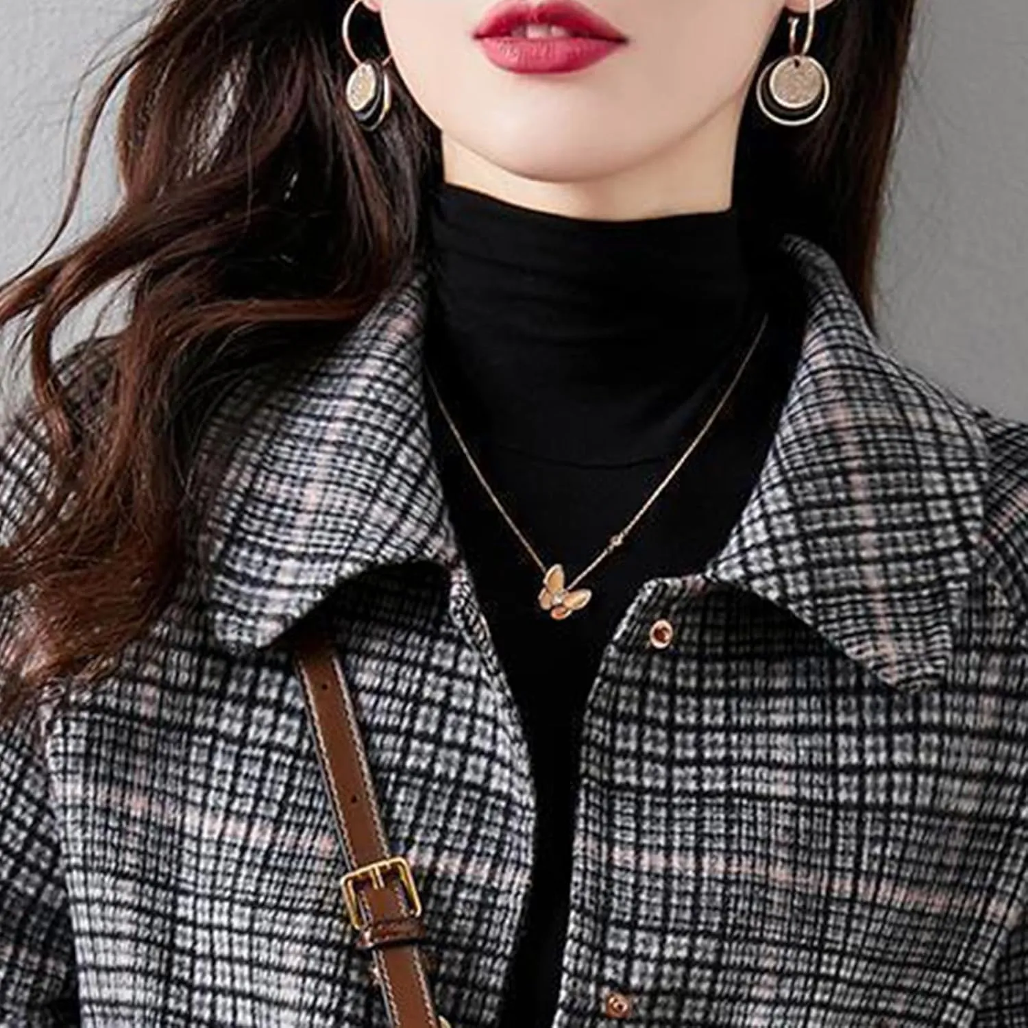 HGps8w Women's Retro Checked Wool Blend Pea Coat, Dressy Casual Classic Notched Lapel Woolen Suit Jackets Outerwear
